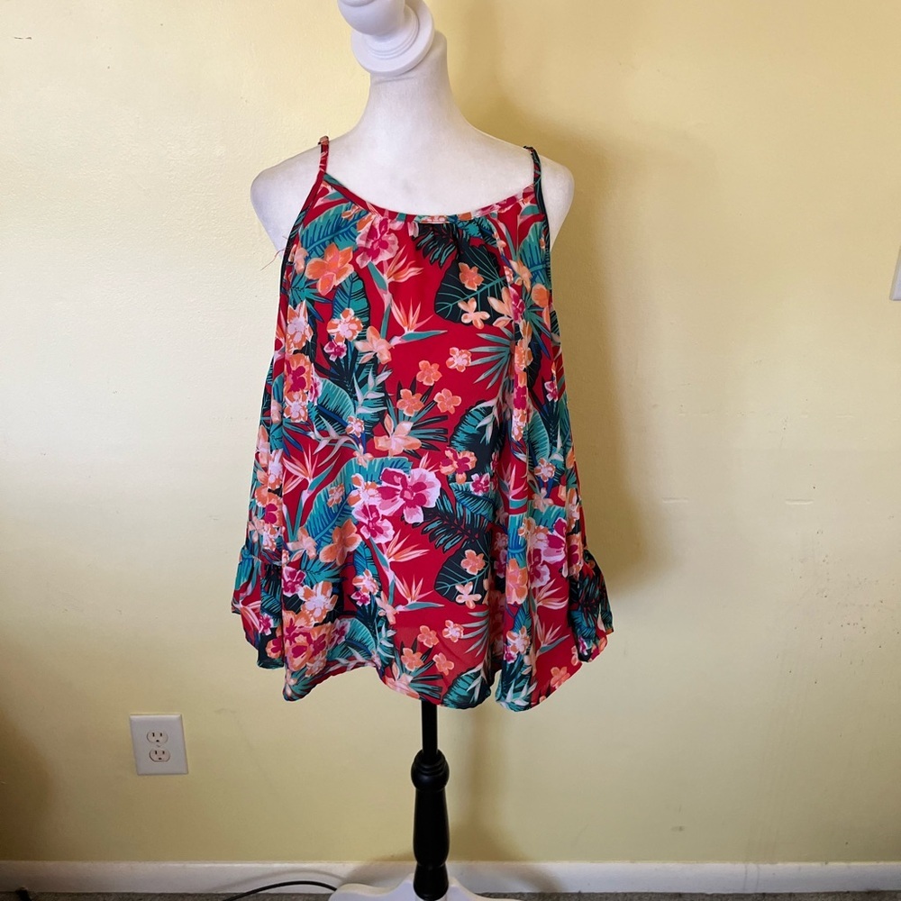 Seven Sisters Floral Women's Top Vold Shoulder Bell Sleeves  - Red and Green L